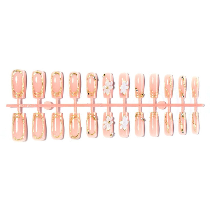 Elegant artificial nail set with decorative flower and gold embellishments Kalsten
