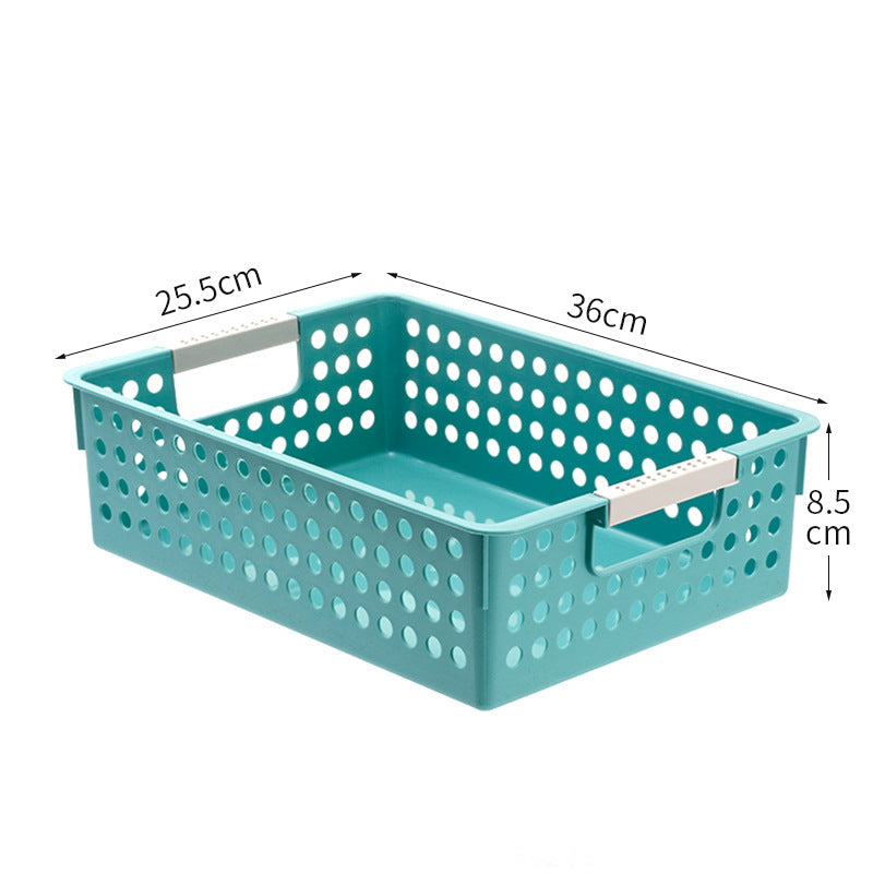 Flat plastic storage box with perforated side wall and grip recesses