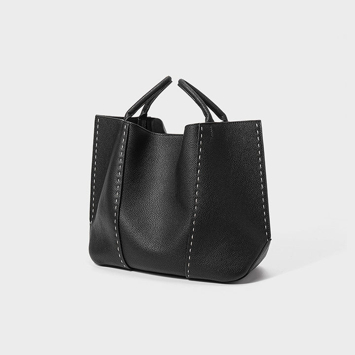 Pebbled Leather Two-Handle Snap-Top Tote with Contrast Stitch Detailing