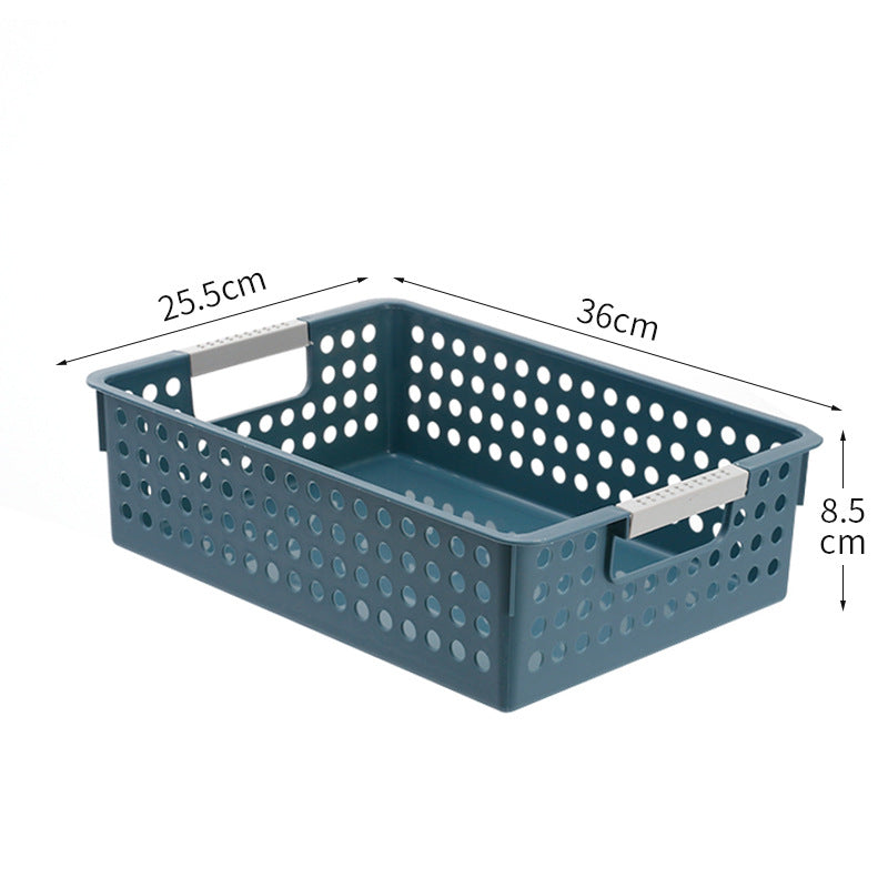 Flat plastic storage box with perforated side wall and grip recesses