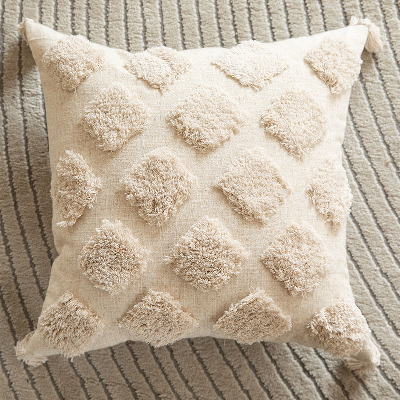 Square Tufted Diamond Macramé Accent Pillow with Knotted Tassel Corners and Removable Zip Cover