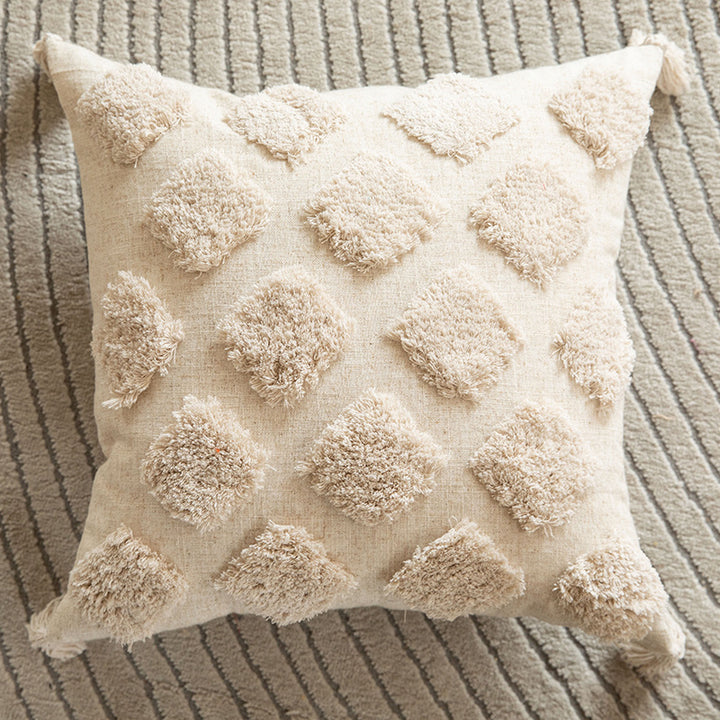 Square Tufted Diamond Macramé Accent Pillow with Knotted Tassel Corners and Removable Zip Cover