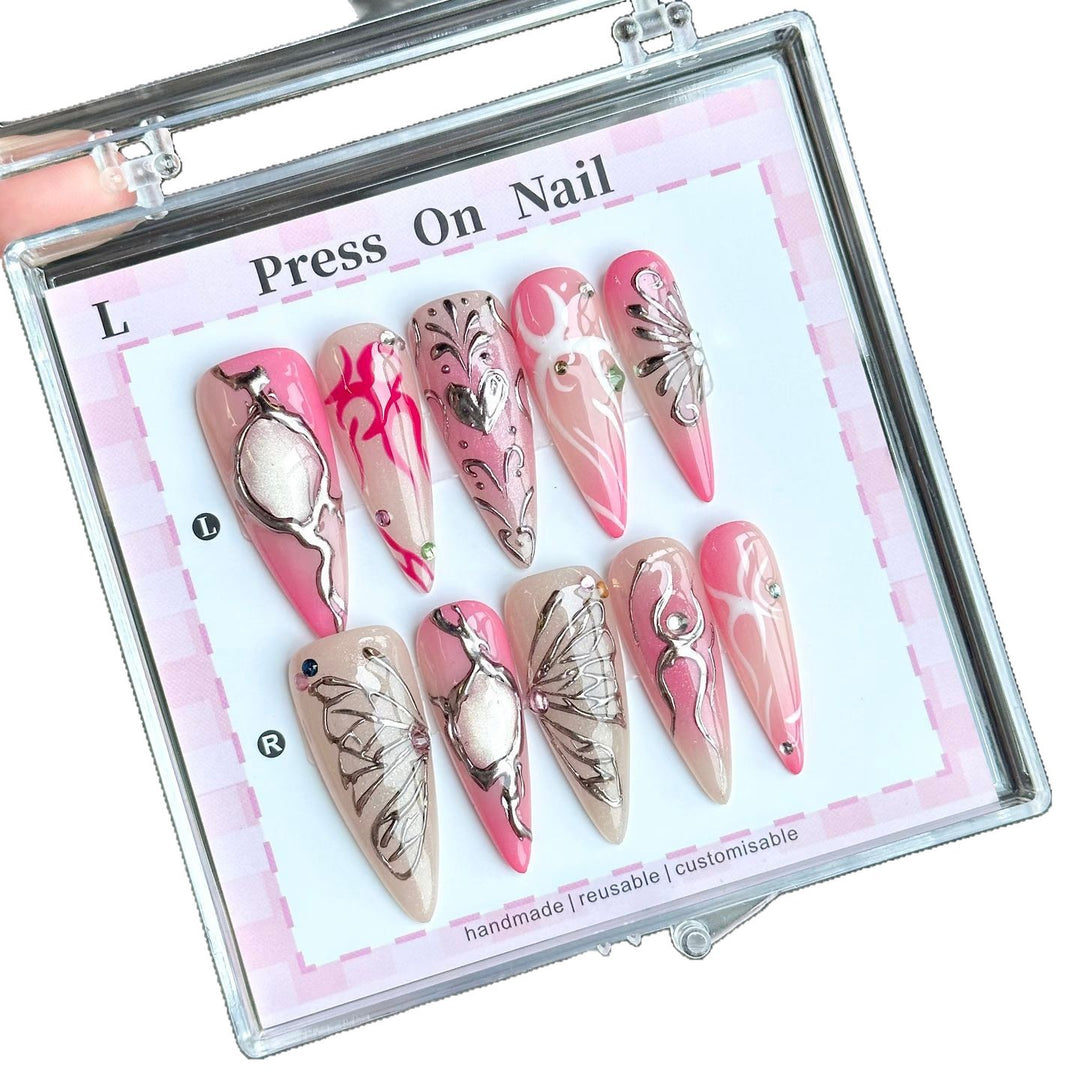 Artistic Press-On Nail Set with Butterfly and Floral Accents