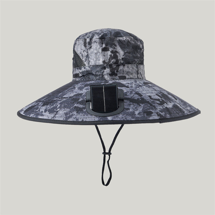 Wide-brimmed outdoor sun hat with solar-powered micro fan, breathable mesh and adjustable chin strap Kalsten