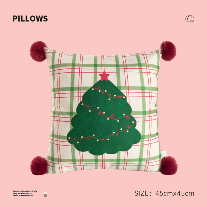 Square Christmas decorative cushion with pom-pom corners and printed dog design