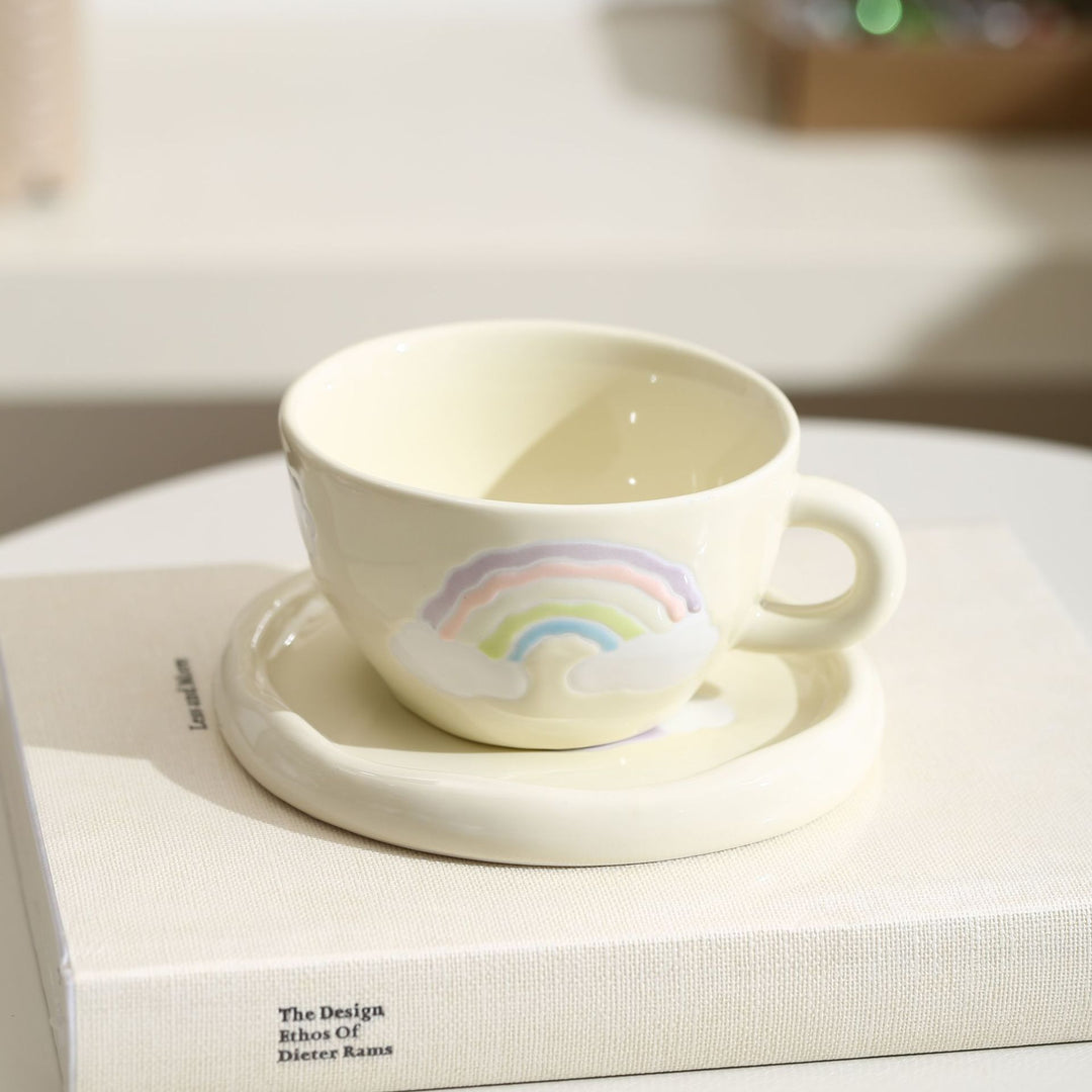 Pastel Design Ceramic Mug Set with Saucer and Raised Rainbow Relief