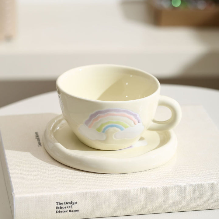 Pastel Design Ceramic Mug Set with Saucer and Raised Rainbow Relief