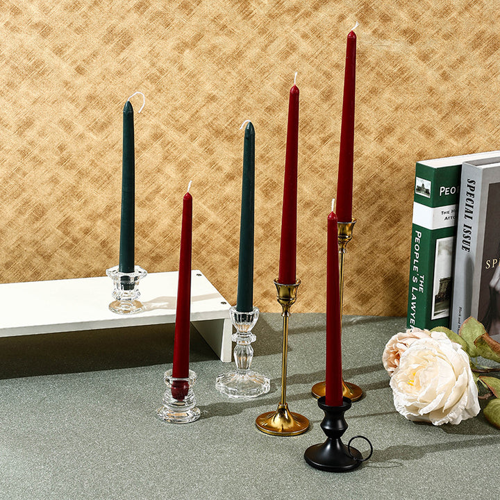 Unscented Slim Taper Candle Pair with Clear Crystal Glass Candlestick Holders