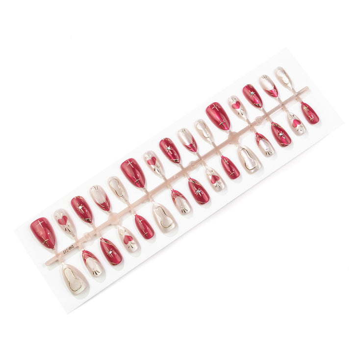 Artistic Press-On Nail Set with Heart and Star Designs