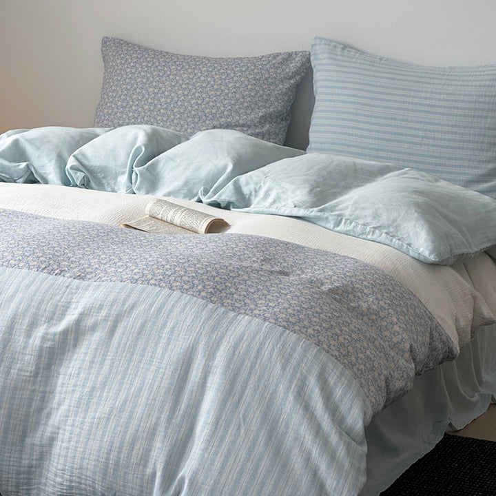 Luxurious cotton satin bedding set with striped and floral patchwork