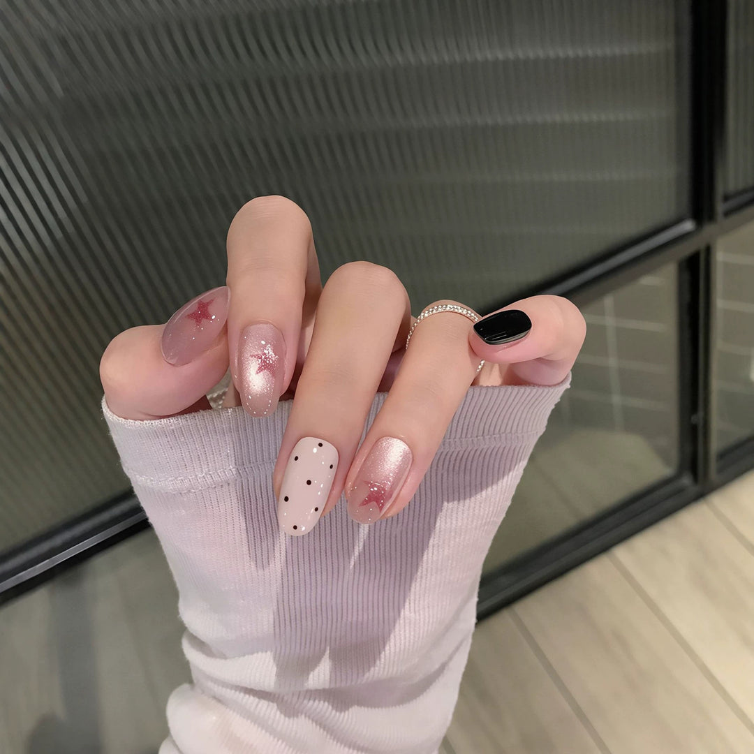 Elegant Decorative Press-On Nail Set with Star and Polka Dot Patterns Kalsten