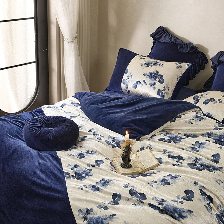 Premium velvet bedding set with floral satin contrast and decorative ruffled border