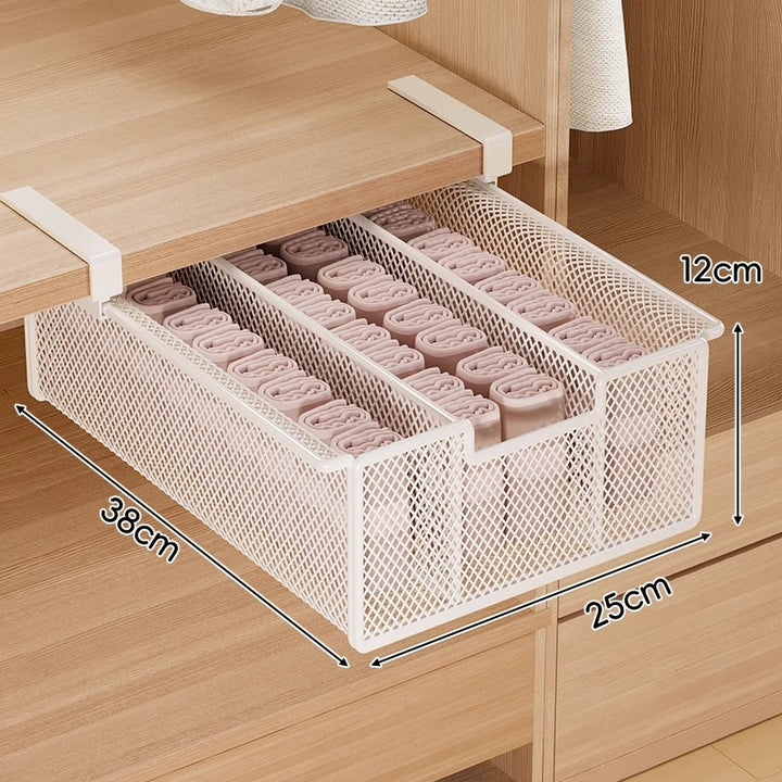 Under-Shelf Pull-Out Metal Mesh Closet Basket Organizer with Clamp Rail