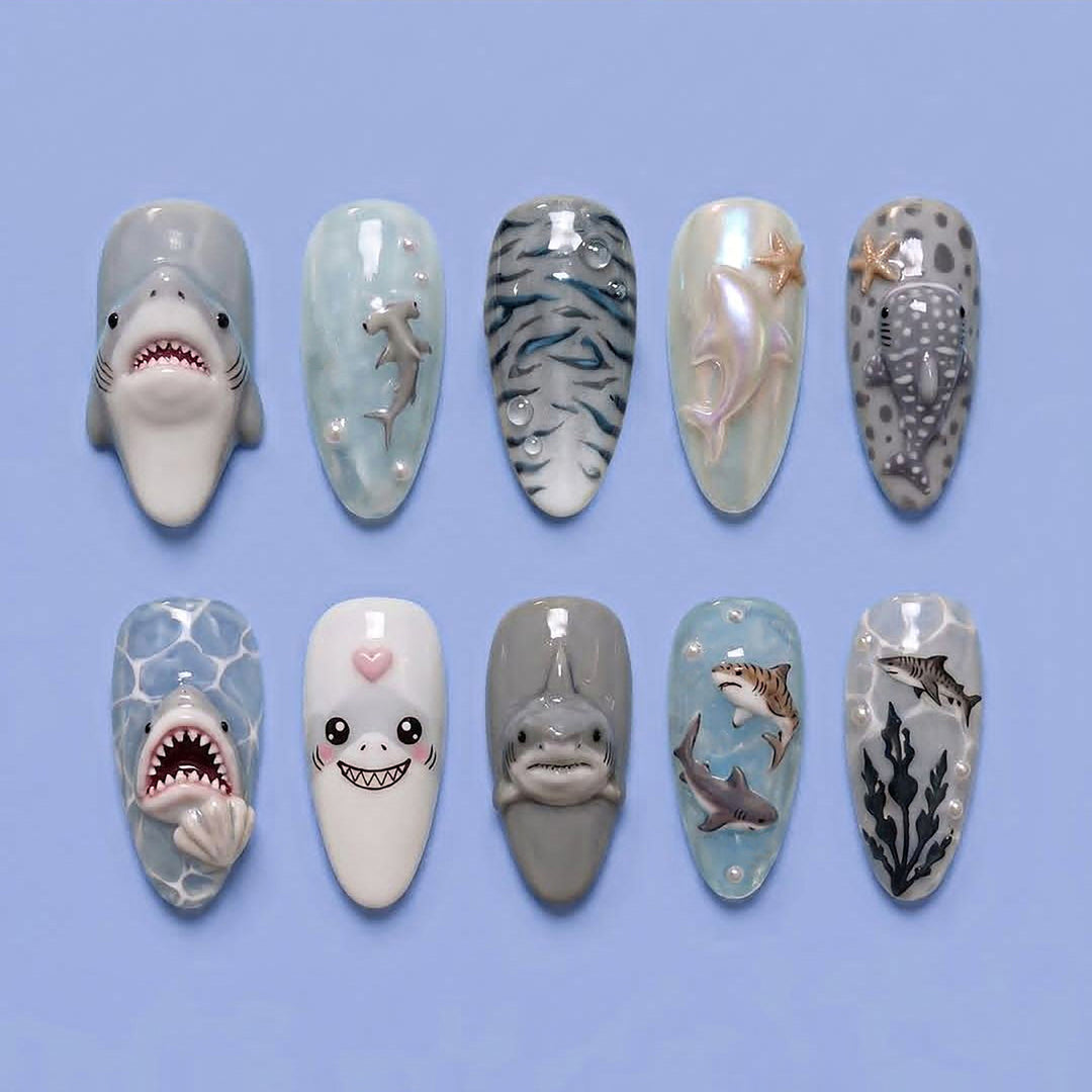 Whimsical Shark-Themed Press-On Nail Art Set