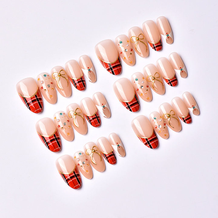 Festive Themed Press-On Nail Art Set with Plaid Design and Gem Accents Kalsten