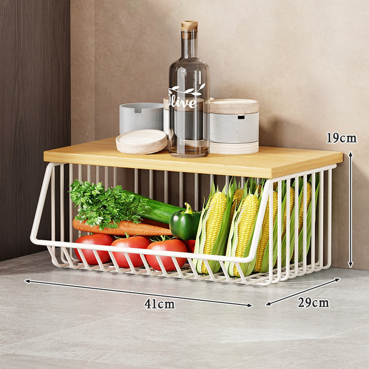 Vertical Five-Tier Rolling Kitchen Produce Storage Cart with Wooden Top and Pull-Out Wire Baskets