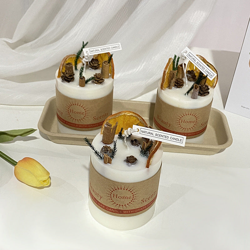 Natural Decorative Soy Pillar Candle with Dried Citrus Pinecone Topper