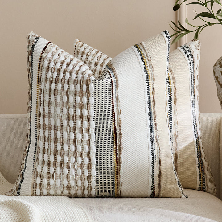 Handwoven Textured Square Throw Pillow Cover with Tufted Loop Stripes