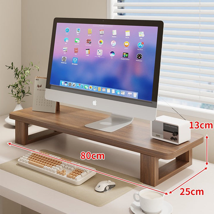 Wide Wooden Monitor Riser Shelf with Under-Shelf Storage and Cable Management