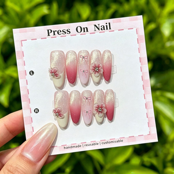Artistic Press-On Nail Art Set with Cute Character and Bow Accents