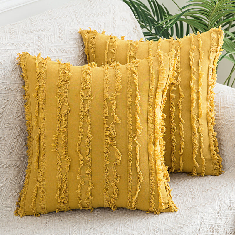 Decorative Fringed Textured Throw Pillow Cover Pair