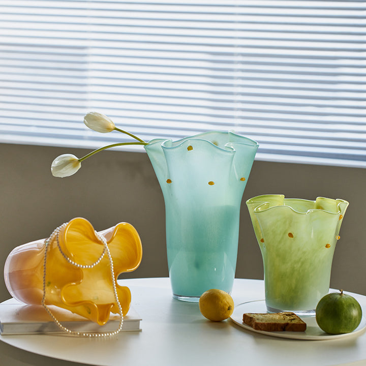 Handblown Tall Ruffled Rim Glass Vase Kalsten