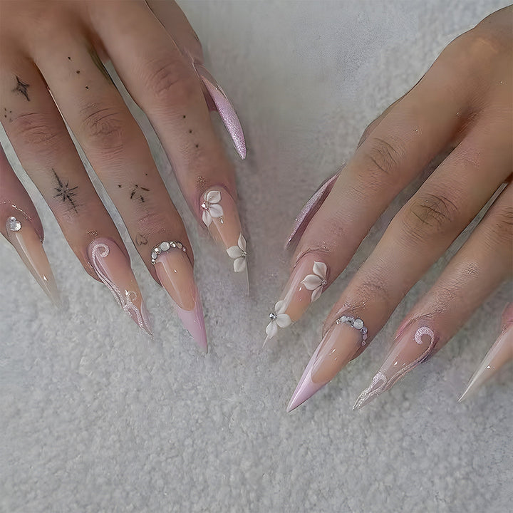 Artistic Floral-Embellished Stiletto Press-On Nails Kalsten