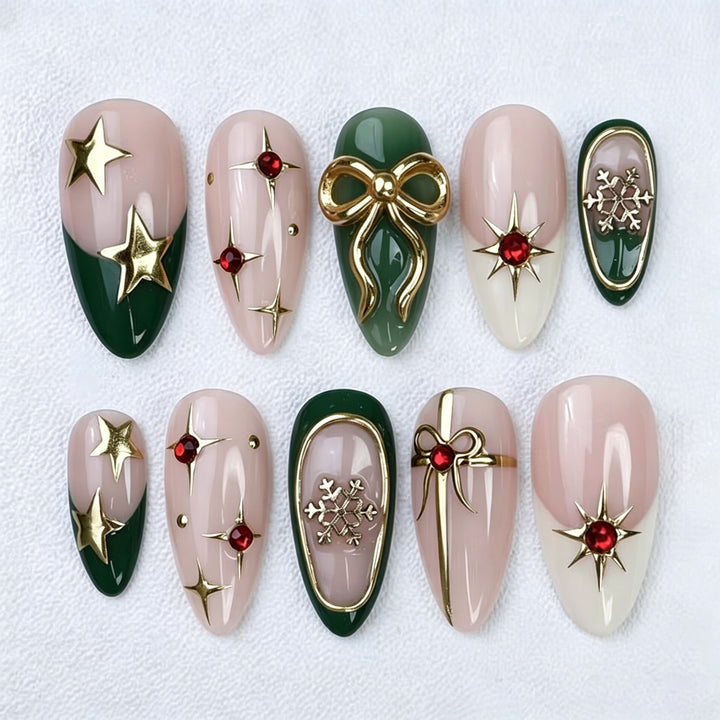 Festive Holiday-Themed Press-On Nail Art Set with Gold and Gem Accents Kalsten