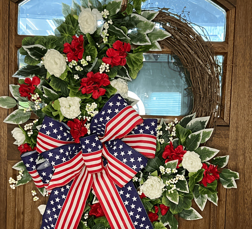 Unisex nan patriotic Americana grapevine front door wreath with oversized star-spangled bow and realistic silk floral accents Kalsten