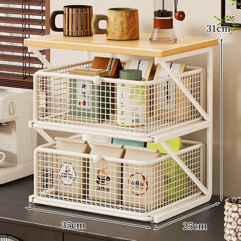 Countertop Coffee Station Organizer with Wooden Top and Metal Wire Basket