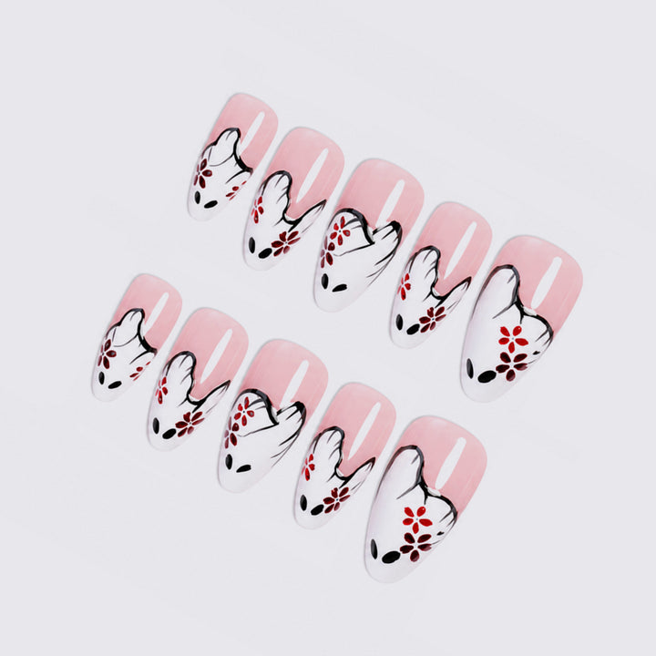 Artistic Press-On Nail Set with Floral and Ghost Design kalsten