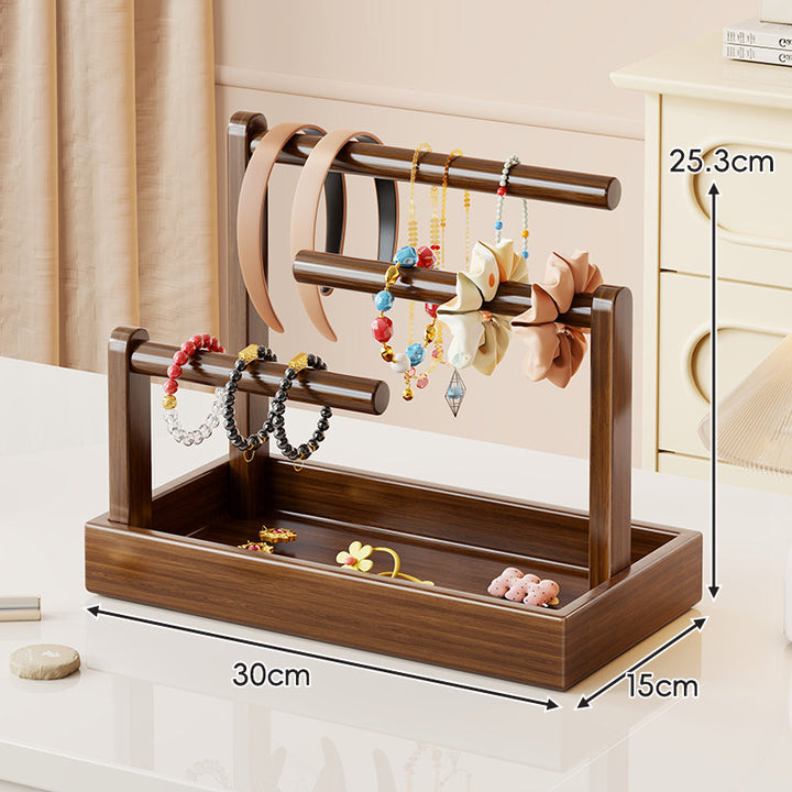Multi-Level Wooden Jewelry Organizer Stand with Tray and Rod Display