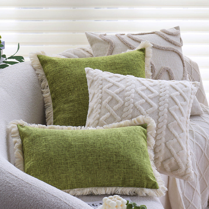 Rectangular cushion cover with woven linen look and decorative fringed edge Kalsten