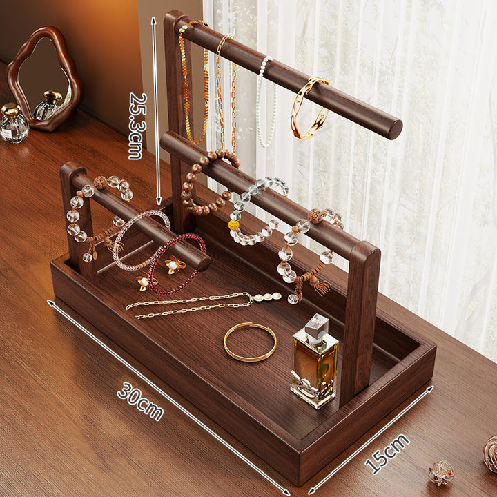 Wooden Tiered Jewelry Display Stand with Triple Rods and Catchall Tray