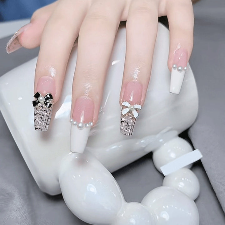Elegant Press-On Nail Art with Decorative Bow Accents