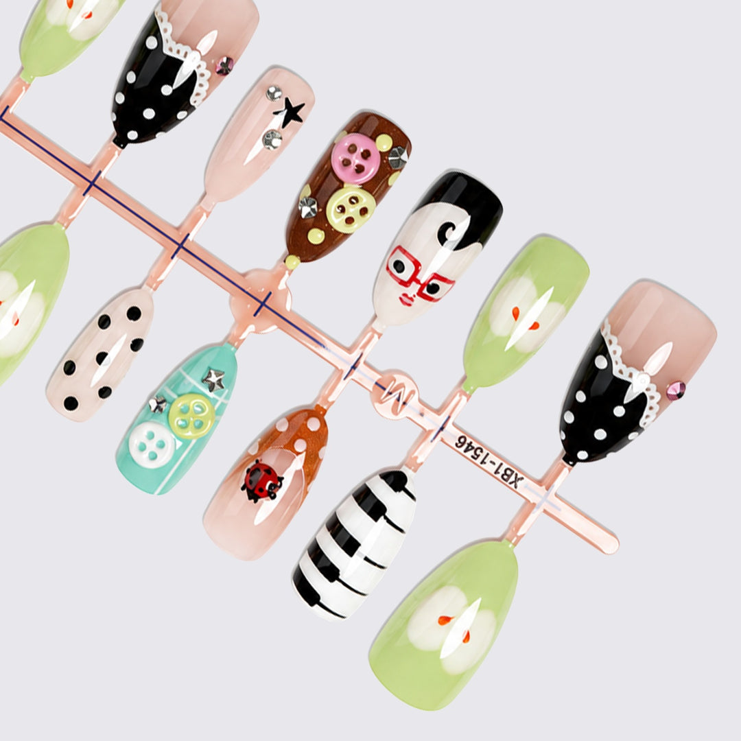 Creative nail art set with playful patterns and 3D details Kalsten