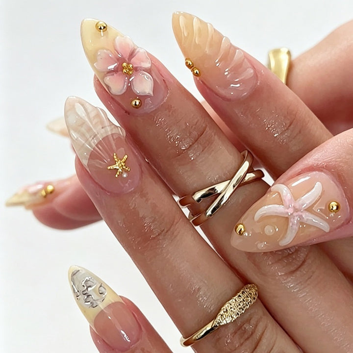 Artificial nail set with floral 3D elements and golden accents Kalsten