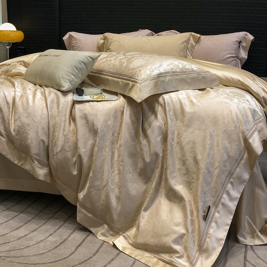 Premium cotton satin bedding set with structured matelassé border and hotel closure