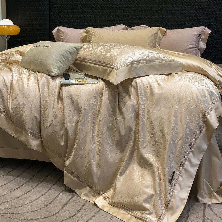 Premium cotton satin bedding set with structured matelassé border and hotel closure
