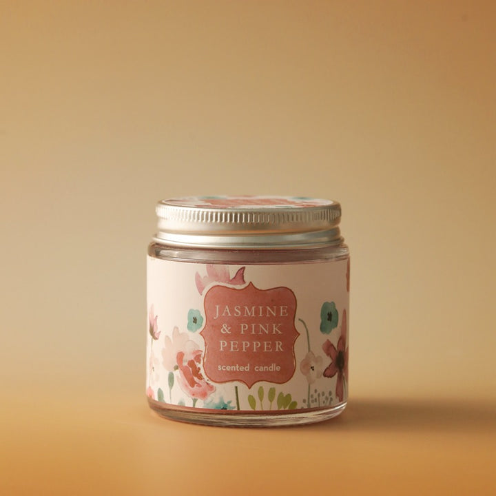 Scented Cherry Blossom & Bay Glass Jar Candle with Metal Screw Lid and Floral Label