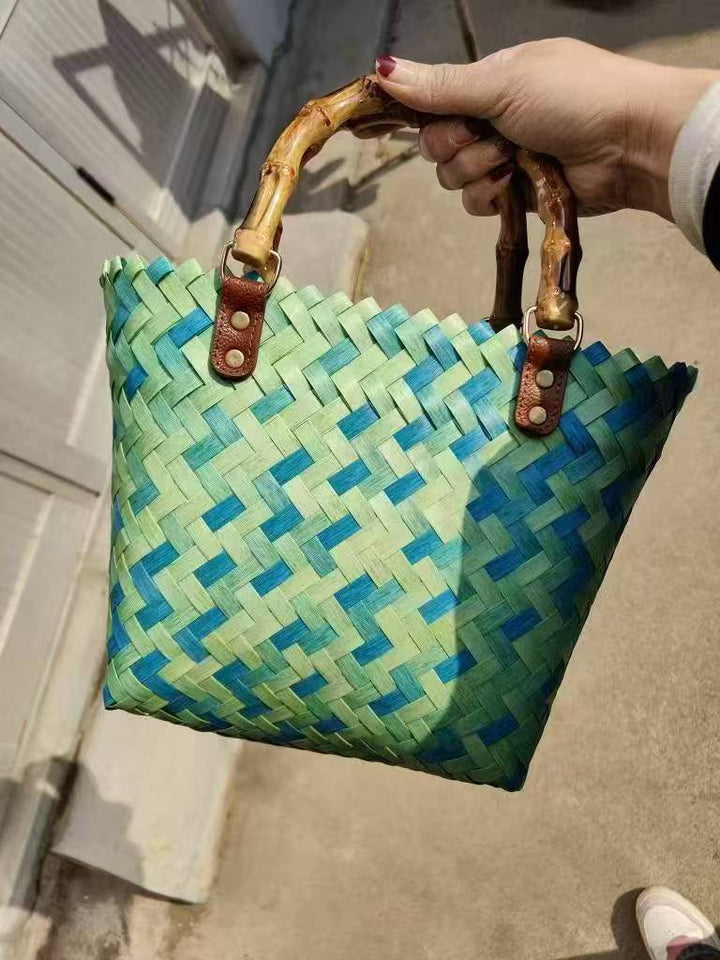 Woven Material Handbag with Wooden Handles Kalsten