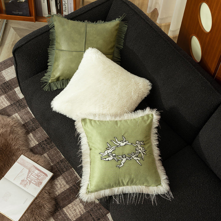 Square decorative velvet cushion cover with faux fur trim and cherub embroidery Kalsten