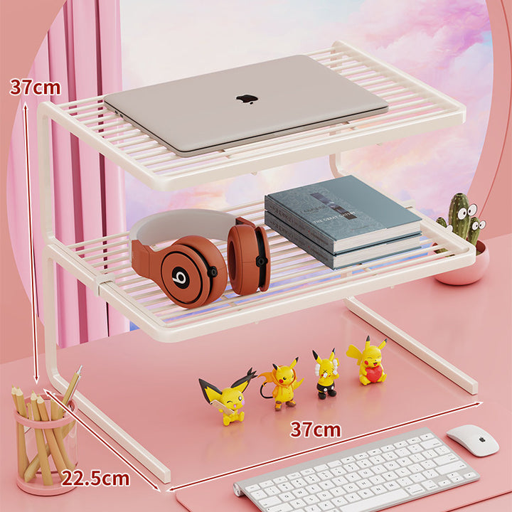 Tiered Adjustable Metal Laptop and Monitor Riser with Ventilated Slatted Shelves and Under-Storage Organizer