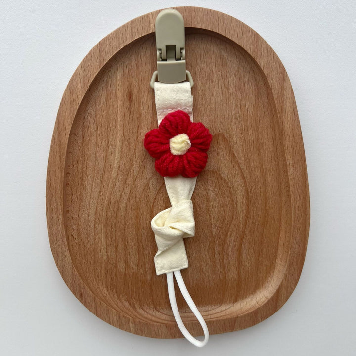 Organic Cotton Pacifier Leash with Quick-Release Clip and Hand-Knit Flower