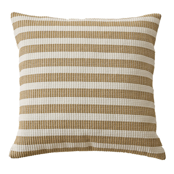 Woven square decorative cushion with fine ribbed texture and stripe pattern