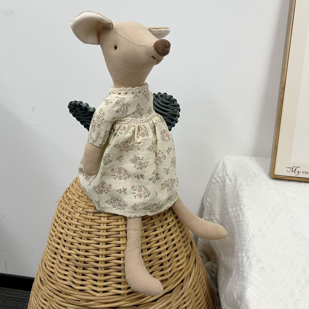 Handcrafted Linen-Blend Mouse Plush Doll with Checkered Overalls
