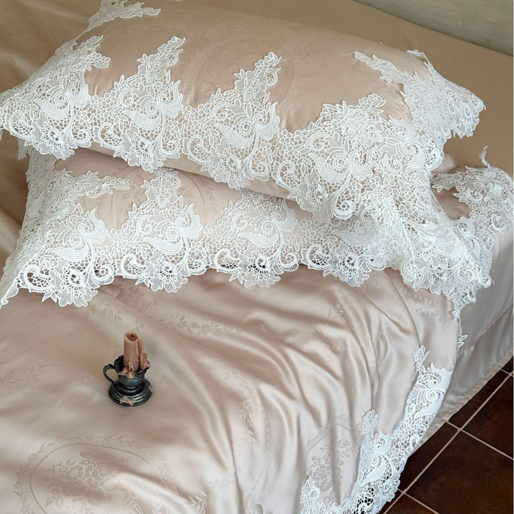 Luxurious satin bedding set with floral jacquard texture and lace trim