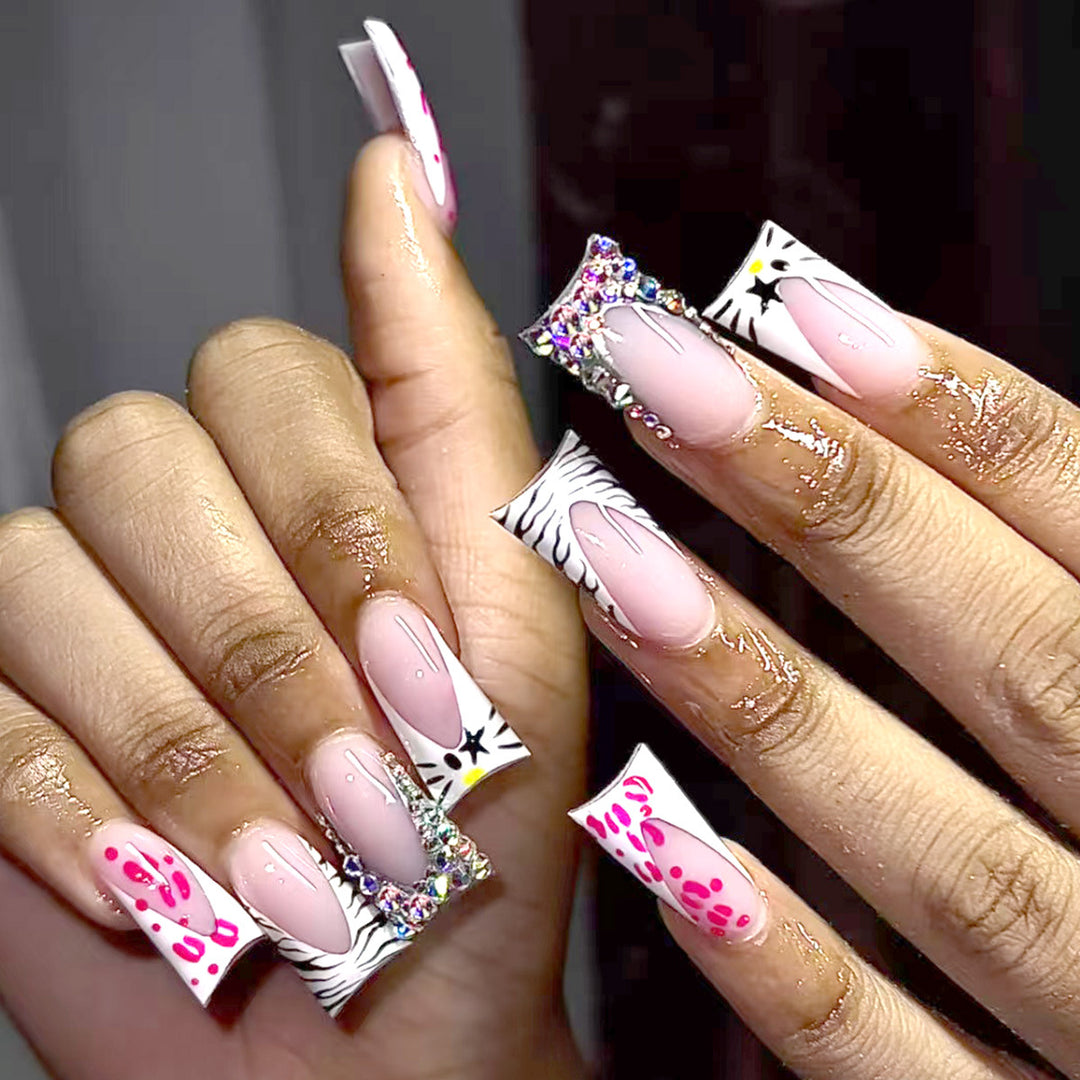 Decorative Stiletto Press-On Nails with Artistic Pattern and Gem Accents Kalsten