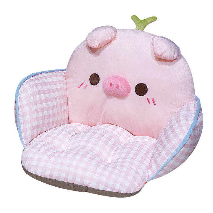 Padded plush floor seat cushion with high backrest and armrests in pig design