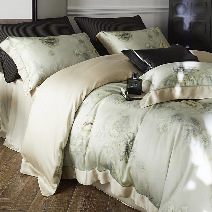 Premium cotton satin duvet cover set with watercolor flower pattern and silky matte touch